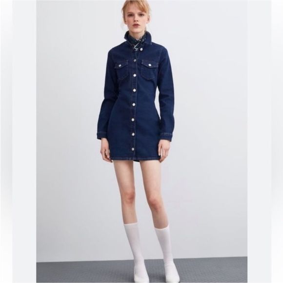 Zara TRF Size Medium Dark Wash Long Sleeve Button Down Denim Mini Dress - Picture 11 of 11